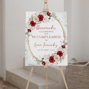 Boho green gold adult birthday welcome sign spanish editable, ruby flowers 50th bday welcome poster, bienvenida de 50años en español - C496