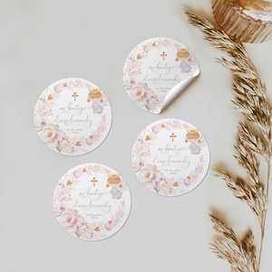 Little angel & blush pink flowers baptism girl stickers boho spanish template, round christening stickers, pegatina de bautizo español -C154