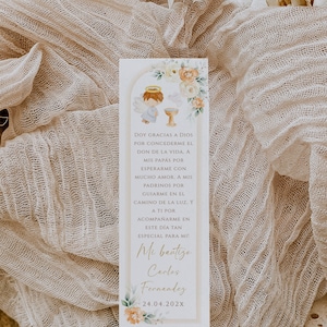 Boho rust orange floral baptism boy bookmark spanish template with angel, tarjeta de oración floral para bautizo de niño en español - C151