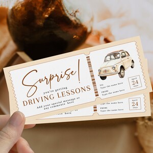 Driving lessons surprise gift voucher template, learn to drive, gift idea, 17th birthday certificate, ticket driving lessons with retro car