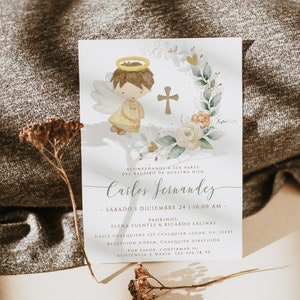 Angel and flowers spanish baptism invite, invitación de bautizo en español para niñas niños imprimible, green gender-neutral invite - C153