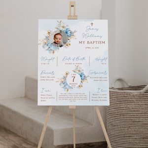 Blue watercolor flowers baptism milestone sign printable, my baptism, milestone with photo, bohemian floral christening boy milestone -C039