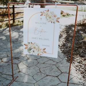 Baptism welcome poster autumn theme printable, welcome to baptism sign, cross welcome board, pumpkins baptism boy girl twins sign -C042