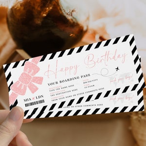 Flight airline travel voucher happy birthday, personalized plane ticket template, your birthday gift boarding pass, surprise trip ticket