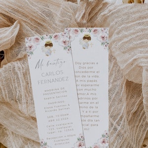Plantilla tarjeta oración del ángel del bautismo en español, blush pink rose angel prayer card in spanish, boho oraciones para bautizo -C155