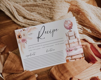 Pink bridal shower recipe card template, vintage suitcases & globe recipe card, wedding shower recipe insert, blush floral recipe card -C264
