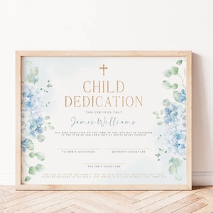 Child dedication certificate printable, blue flowers & golden cross baptism boy certificate, baby dedication keepsake, church baptism - C303