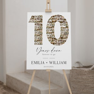 Minimalist Ten Years Down wedding anniversary photo collage template, modern 10 Year anniversary photo collage of number, couple gift - C352