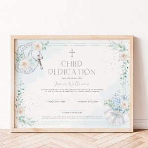 Blue hydrangea & airy roses Child Dedication certificate editable, eucalyptus church certificate, silver decor boy dedication keepsake -C315