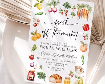 Fresh Off The Market bridal shower invitation rustic printable, farmer's market theme with fruit and vegetables bridal brunch invite - C459