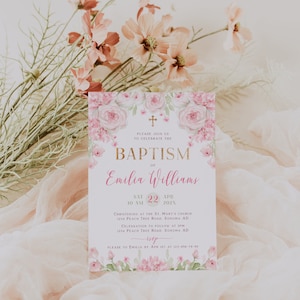 Watercolor pink & gold baptism girls party invitation printable, bohemian summer christening girl invite, blush pink roses invite card -C168