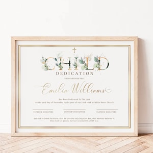Dedication certificate baptism template, church certificate, gold eucalyptus child christening dedication, gender neutral baptism gift -C164