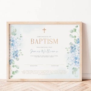 Certificate of Baptism for boy template, church certificate with boho watercolor blue flowers and golden letters, dedication keepsake - C303