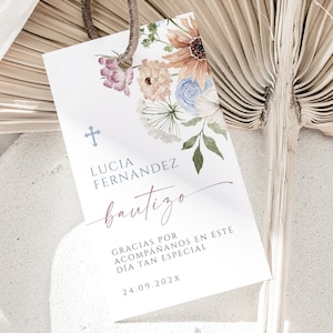 Rectangular boho neutral baptism favor tags spanish printable, floral bautizo gracias tag español, colorful wildflowers religious tag -C34
