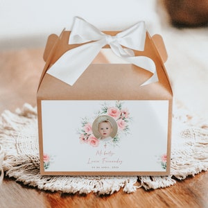 Baptism pink roses gift box label spanish editable with photo girl, etiqueta boho caja de bautismo niña en español con flores y foto - C141