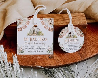 Baptism boy gift tag spanish round square printable, boho mexican theme baptism favor tag, etiquetas de agradecimiento bautizo español - C46
