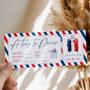 A trip to Paris boarding pass template, gift ticket to France, surprise weekend airline ticket, birthday vacation gift vouchers for her/him