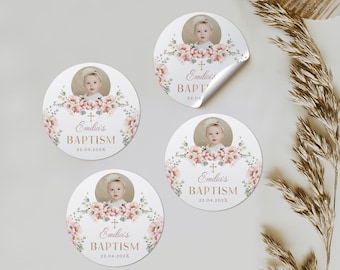 May include: Four round stickers with a floral design and a baby's photo in the center. The stickers say "Emilia's Baptism" with the date "22.04.202X".