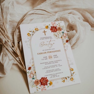 Editable colorful summer wildflowers boho christening boy girl invitation in spanish, floral invitación bautismo niño niña en español -C13
