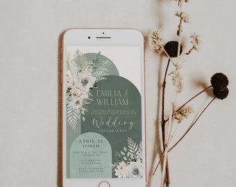 Boho arch sage green tone floral electronic wedding invitation template, white roses pampas wedding digital invite, phone text invite - C261