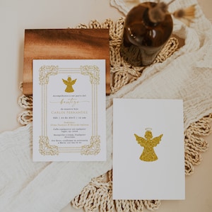 Invitación bautismo en español editable, christening invite in spanish, gold angel bautizo invitation spanish, gold baptism invite - C005