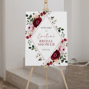 Modern welcome sign burgundy pink floral for bridal shower printable, flowers and greenery geometric wedding shower welcome poster - C395