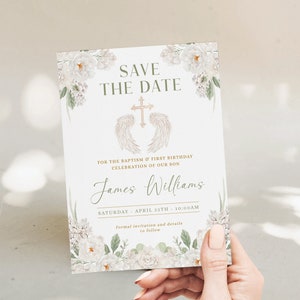 White airy floral Save The Date baptism and 1st birthday boy/girl invite template, cross & angel wings green card christening 1st bday -C171
