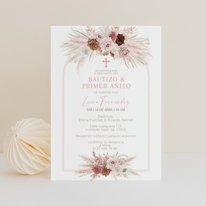 Baptism and 1st birthday invitation printable in spanish, bautizo y primer añito niña en español, boho pink flores christening  decor -C032