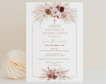 Baptism and 1st birthday invitation printable in spanish, bautizo y primer añito niña en español, boho pink flores christening  decor -C032