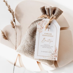 Español bautizo gracias tags impremible, floral boho baptism spanish gift tag, baptism thank you rectangle favor tags label girls boys -C020