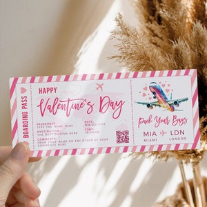 Gift ticket Valentine&#39;s Day template, surprise plane ticket in Love day,   travel airline custom boarding pass, weekend trip gift voucher