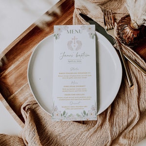 Editable greenery boy girl baptism menu, personalised christening menu, white roses and angel wings cross decoration for baptism menu -C171