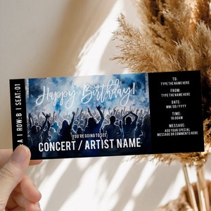 Black blue surprise concert gift ticket template, b-day gift ticket for him, rock concert event voucher, musical show ticket, custom ticket