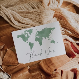 Watercolor sage green world map thank you cards template, bridal shower thank you cards, minimalist flat note card, wedding thank you -C263