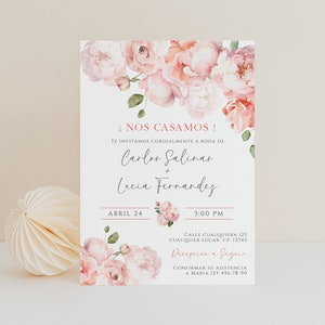 Nos Casamos invitación de boda con flores en español, pink flowers wedding invitation template spanish, boho floral wedding invite - C387