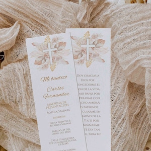 Airy cross & feathers prayer card for baptism spanish printable, oraciones bautizo boho español, gold beige neutral prayer card decor -C24