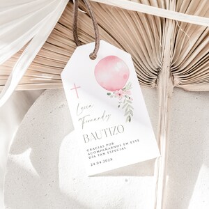 Bohemian floral gift tags for baptism girl spanish template, pink balloon girl christening favor tags, bautizo gracias tags en español -C291