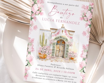 May include: A pink and white invitation card with a watercolor illustration of a small church with a cactus and flowers. The text on the card reads "Acompáñanos a ser parte del Bautizo de LUCIA FERNANDEZ" and includes the date, time, and location of the baptism.