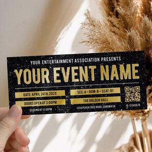 Classic unisex gold-black gift certificate for events, surprise event ticket template, birthday presents gift coupon, fake ticket in show