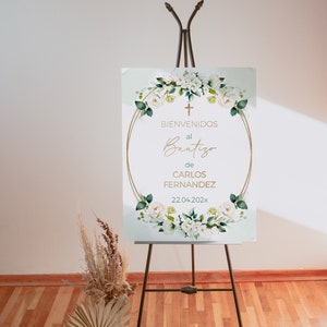 White floral baptism boy girl welcome sign spanish editable, sage green golden boho baptism welcome sign, póster de bautizo en español - C14