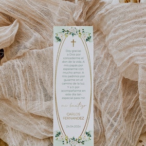 White flowers & greenery baptism boy/girl bookmark editable spanish, punto de libro bautizo en español, boho bautizo tarjeta de oración -C14