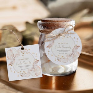 Baptism boy girl boho round square thank you tag in spanish, mi bautizo favor tag labels, gracias por acompañarnos etiqueta imprimible -C22