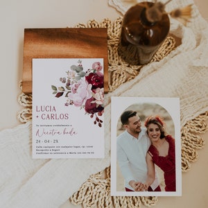 Watercolor boho luxury burgundy pink peonies wedding invitation editable spanish, invitación de boda flores rosas burdeos en español - C379