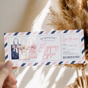 Shopping spree holiday gift voucher template, surprise birthday ticket gift for girl , shopping trip girls day out, any occasion gift coupon