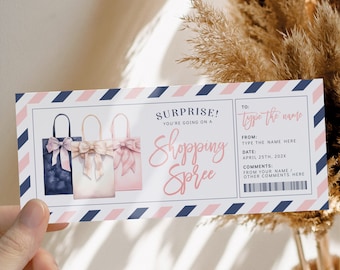 Shopping spree holiday gift voucher template, surprise birthday ticket gift for girl , shopping trip girls day out, any occasion gift coupon