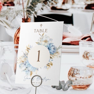 Boy baptism table number boho template, baptism table numbers with circle of blue watercolor flowers, light blue decor christening party-C39