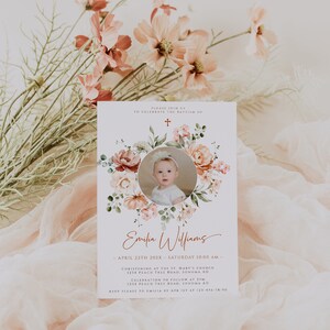 Coral pink floral baptism invitation editables, boho girls christening invite, baptism girl invite with photo, holy communion invite - C159