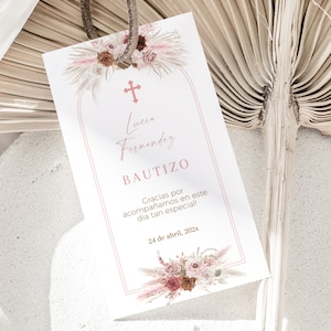 Editable boho pink beige roses thank you tag  baptism girl in spanish, etiquetas rectangulares de agradecimiento bautizo niña español - C32