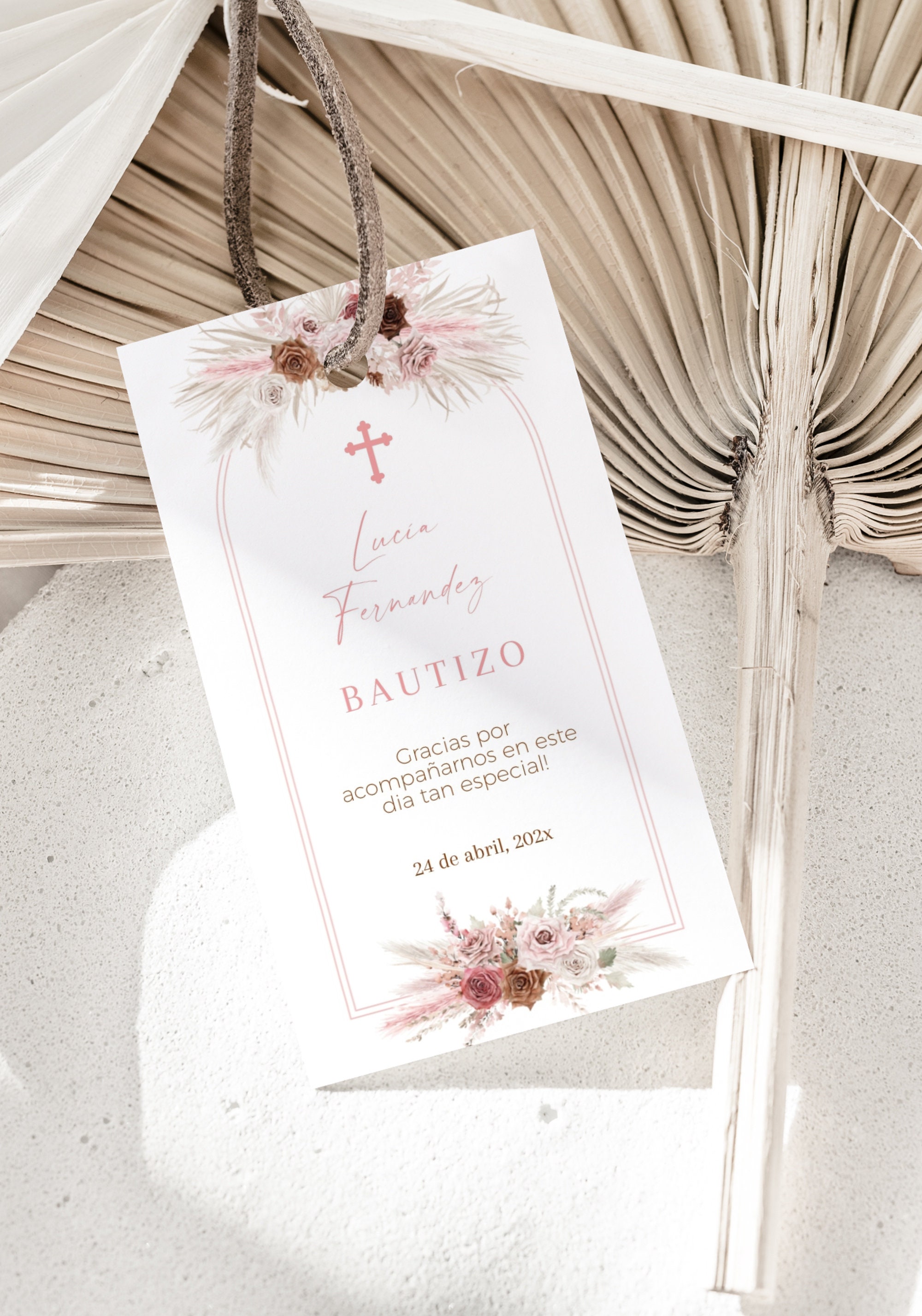 Editable boho pink beige roses thank you tag  baptism girl in spanish, etiquetas rectangulares de agradecimiento bautizo niña español - C32