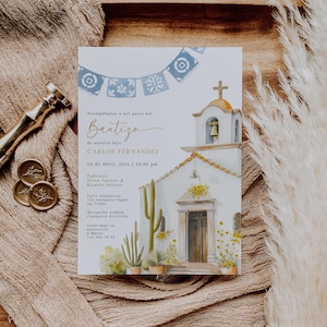 Invitación dusty blue editable de bautizo en español para niños, dusty blue spanish baptism invitation - C341